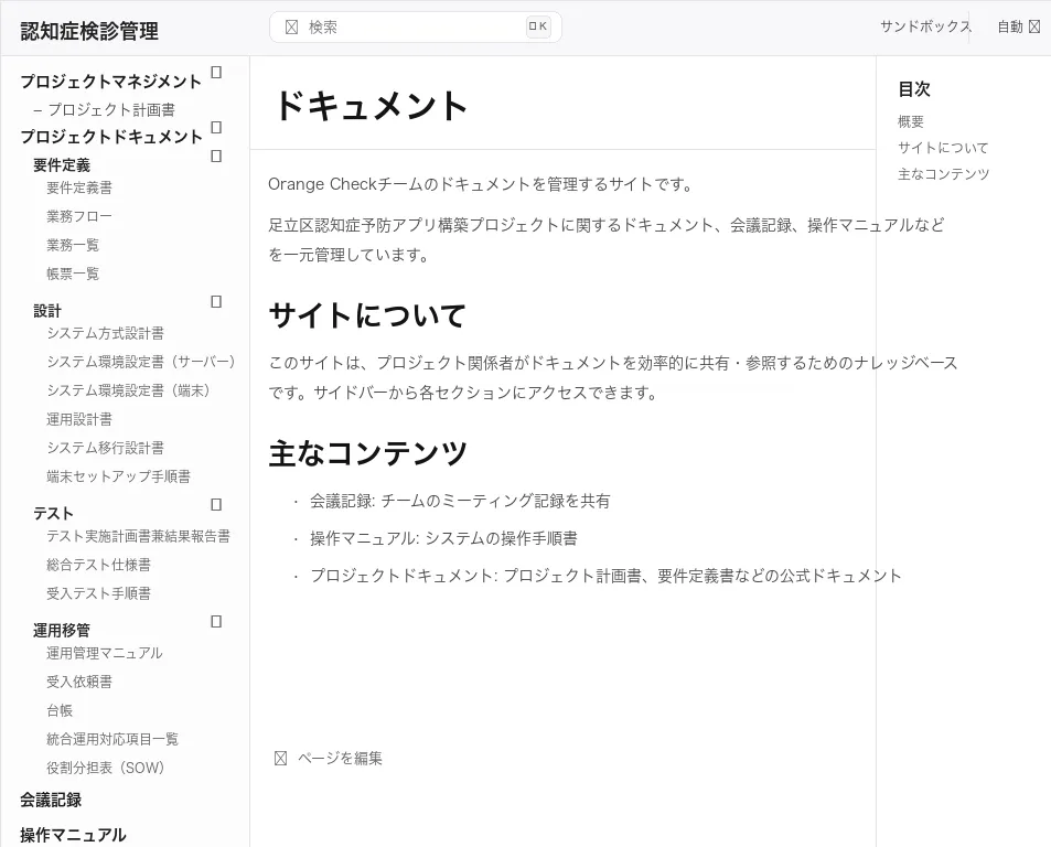 プロジェクトドキュメント管理サイトのトップページ